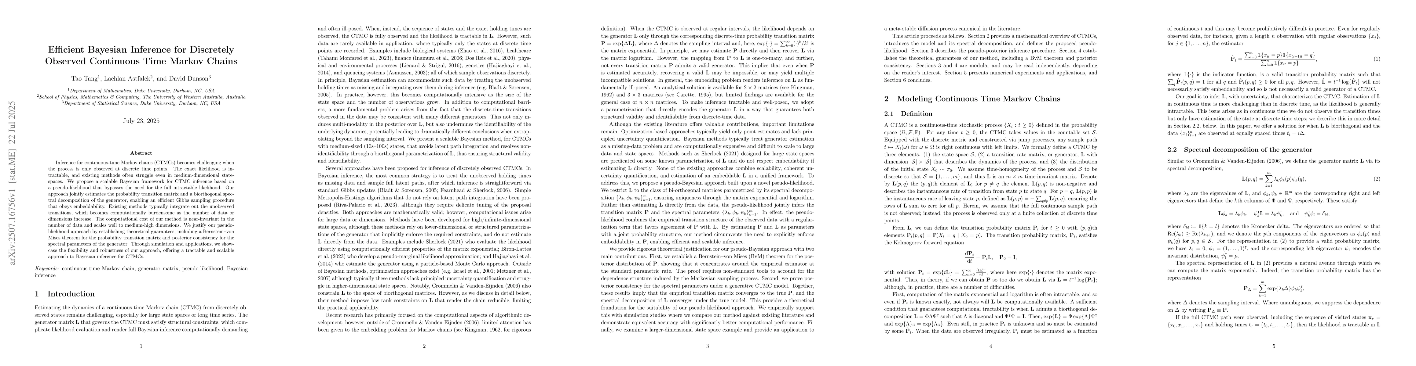 Thumbnail for Efficient Bayesian Inference for Discretely Observed Continuous Time
  Markov Chains
