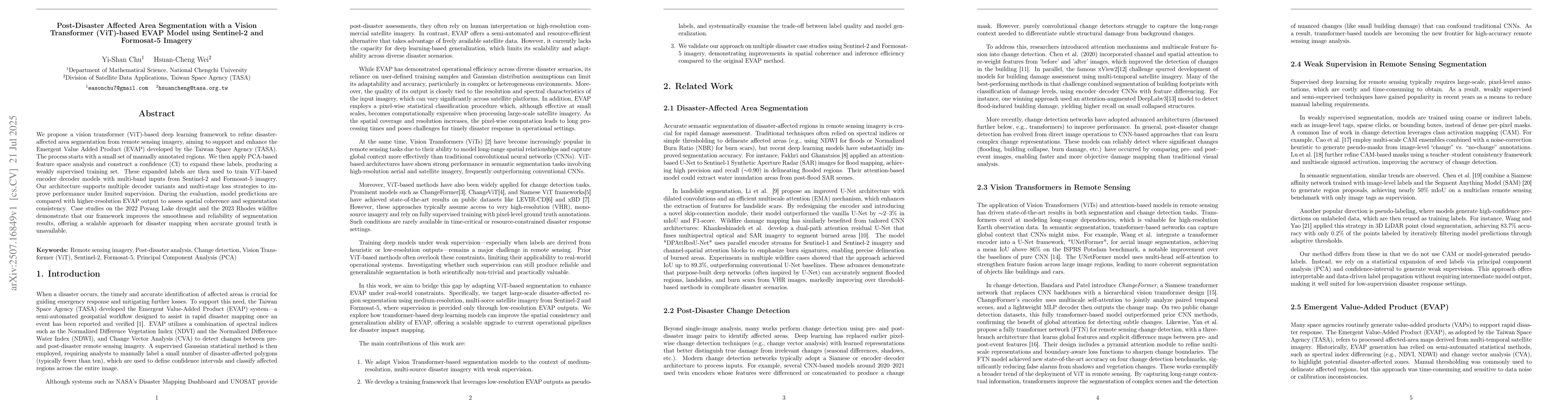 Thumbnail for Post-Disaster Affected Area Segmentation with a Vision Transformer
  (ViT)-based EVAP Model using Sentinel-2 and Formosat-5 Imagery