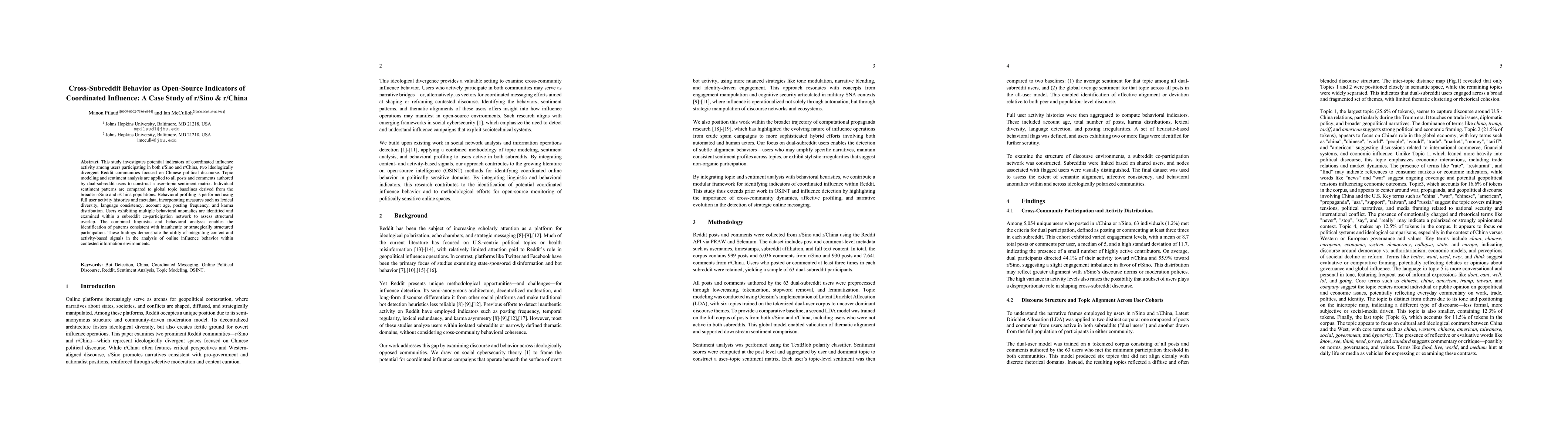 Thumbnail for Cross-Subreddit Behavior as Open-Source Indicators of Coordinated
  Influence: A Case Study of r/Sino & r/China