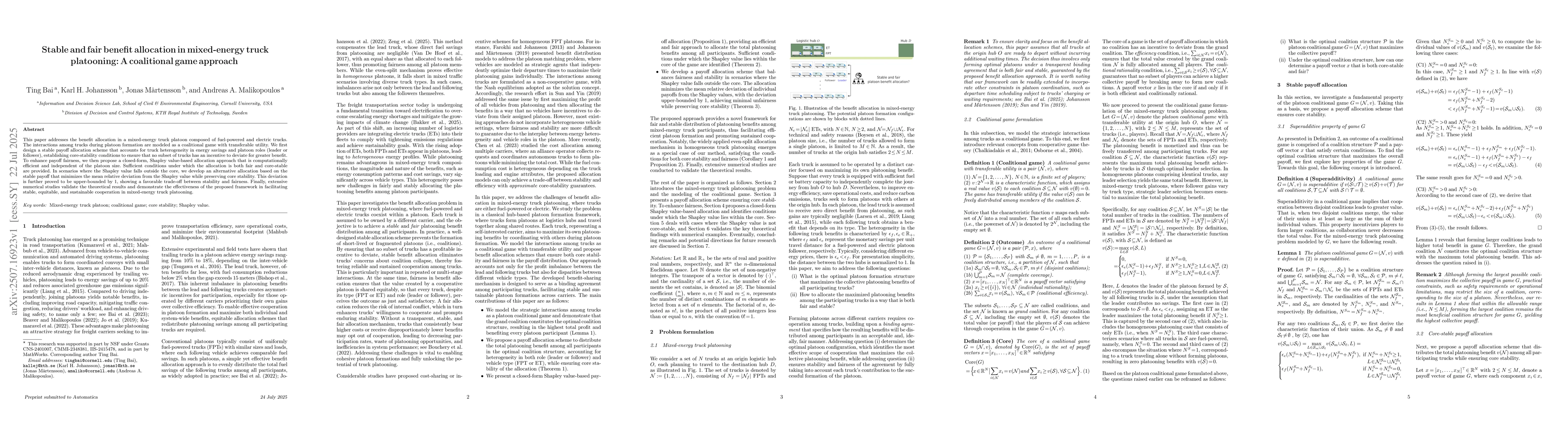 Thumbnail for Stable and Fair Benefit Allocation in Mixed-Energy Truck Platooning: A
  Coalitional Game Approach