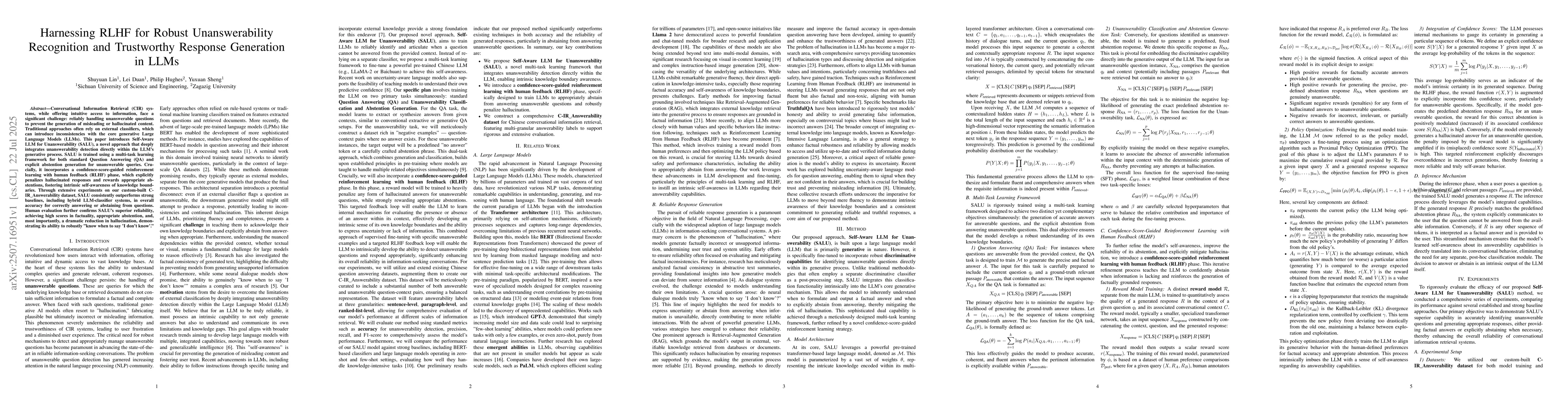 Thumbnail for Harnessing RLHF for Robust Unanswerability Recognition and Trustworthy
  Response Generation in LLMs