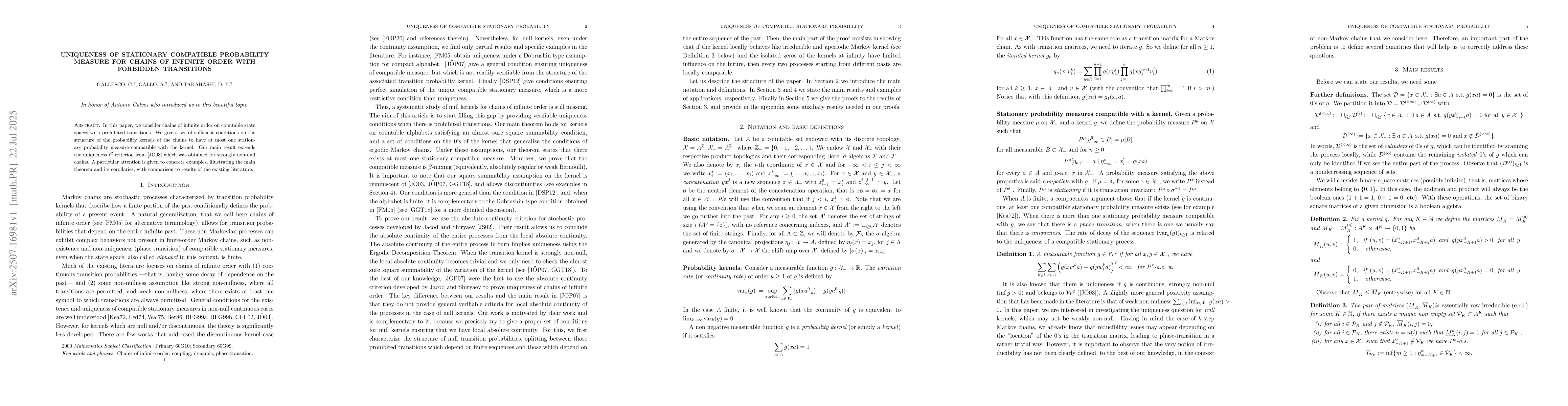 Thumbnail for Uniqueness of stationary compatible probability measure for chains of
  infinite order with forbidden transitions