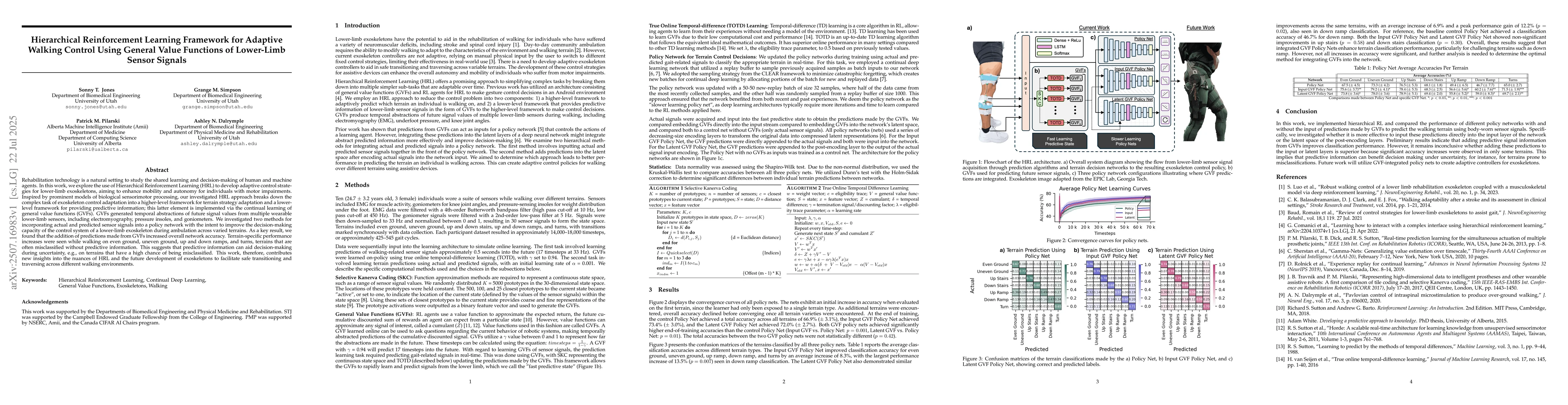 Thumbnail for Hierarchical Reinforcement Learning Framework for Adaptive Walking
  Control Using General Value Functions of Lower-Limb Sensor Signals