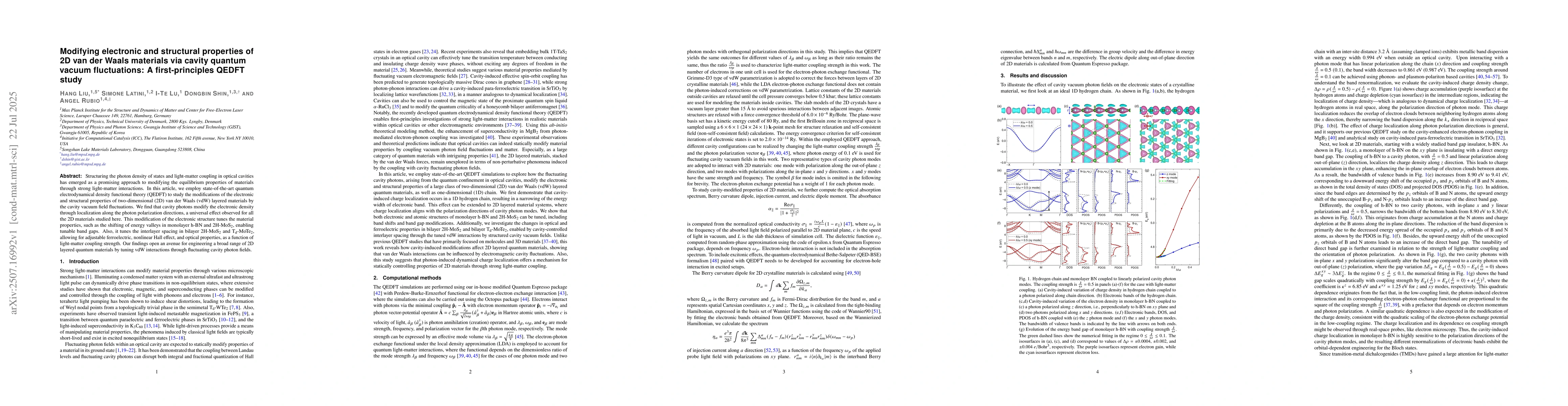 Thumbnail for Modifying electronic and structural properties of 2D van der Waals
  materials via cavity quantum vacuum fluctuations: A first-principles QEDFT
  study