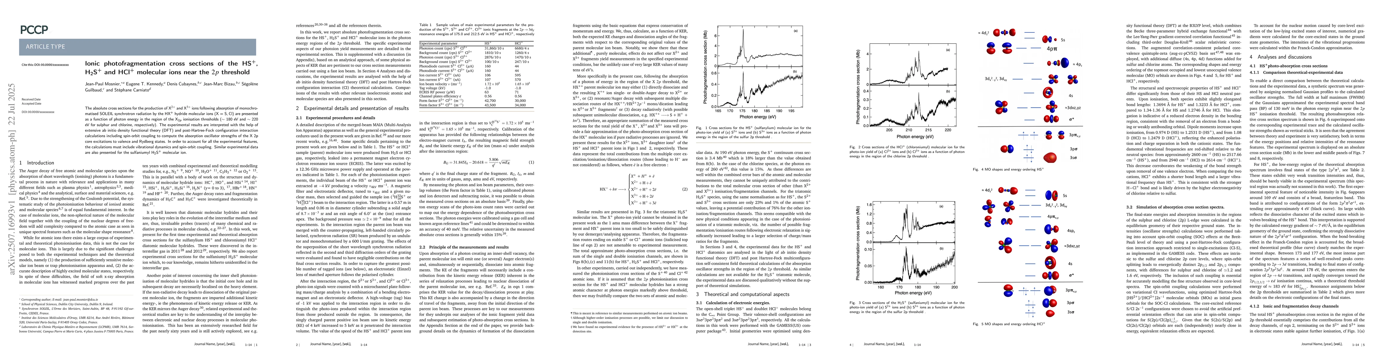Thumbnail for Ionic photofragmentation cross sections of the HS+ H2S+ and HCl+
  molecular ions near the 2p threshold