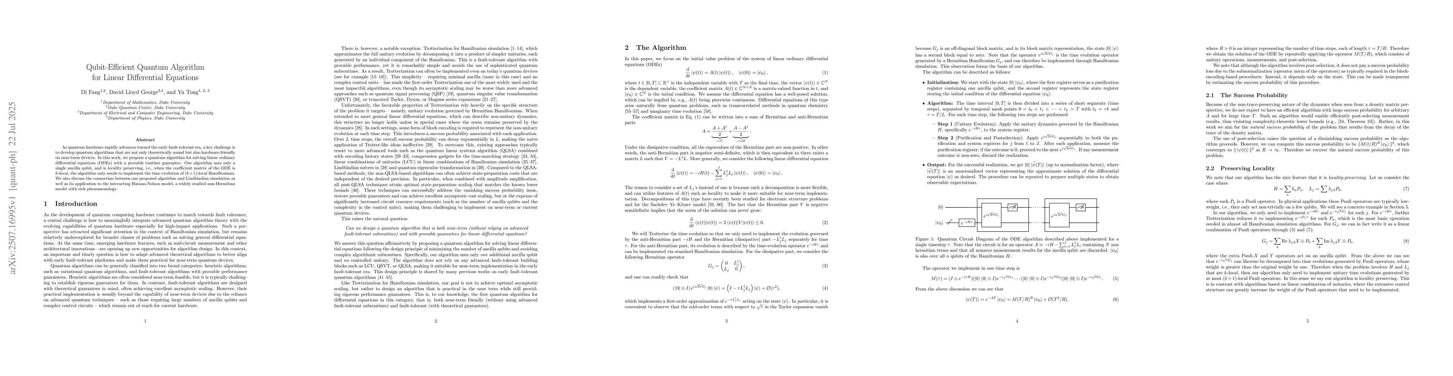 Thumbnail for Qubit-Efficient Quantum Algorithm for Linear Differential Equations