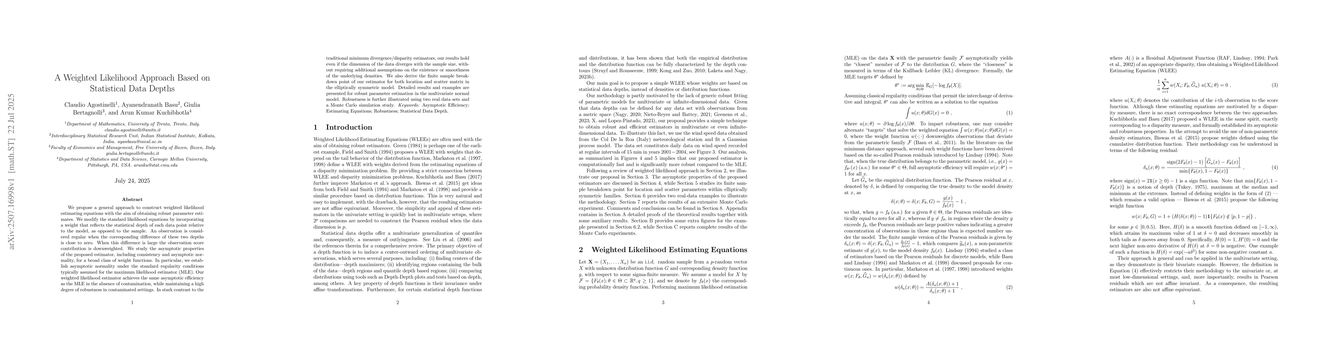 Thumbnail for A Weighted Likelihood Approach Based on Statistical Data Depths