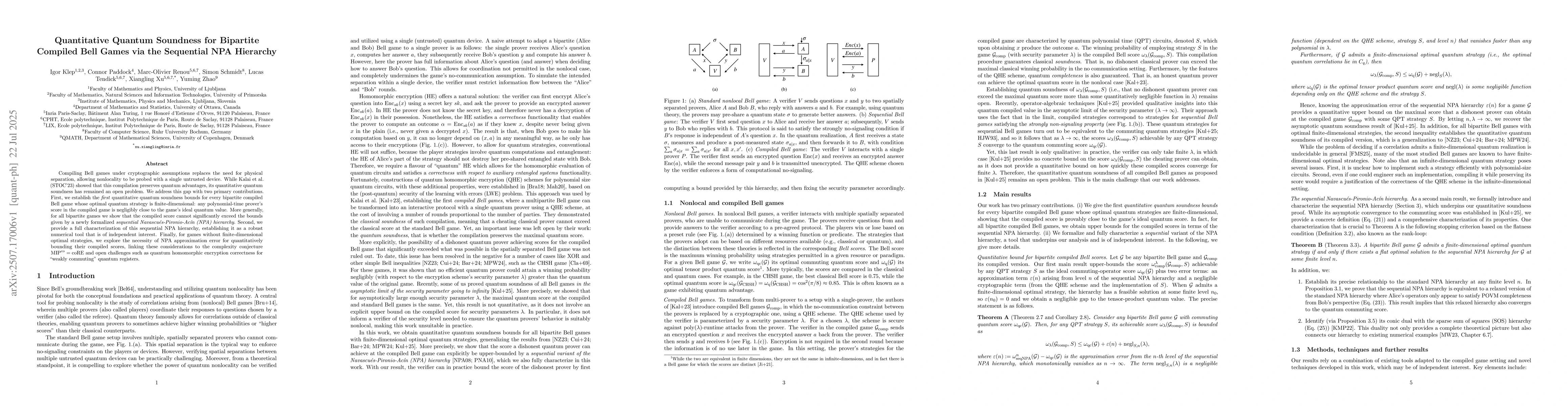 Thumbnail for Quantitative Quantum Soundness for Bipartite Compiled Bell Games via the
  Sequential NPA Hierarchy