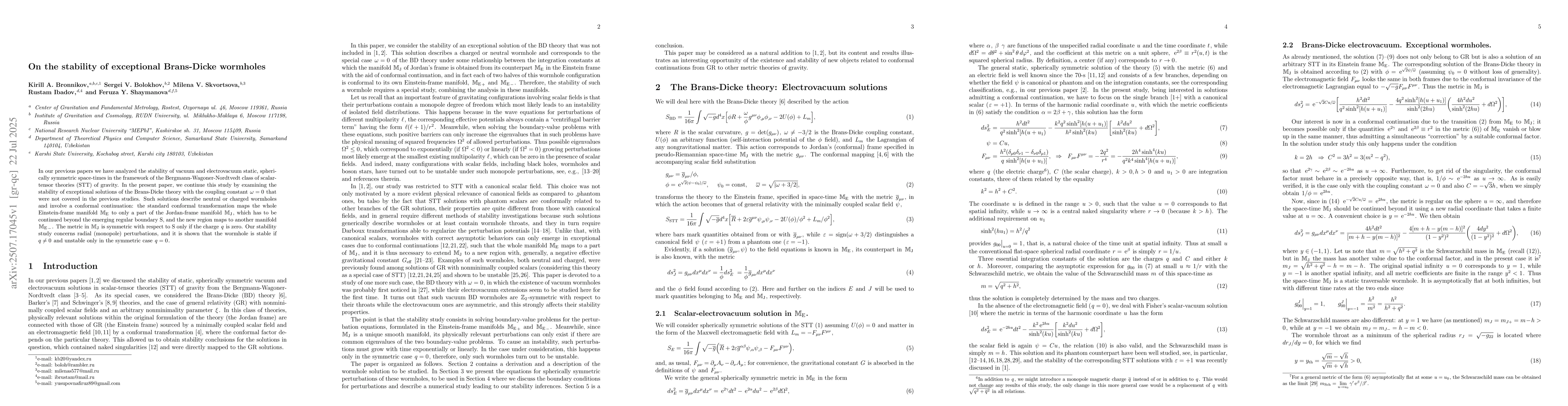 Thumbnail for On the stability of exceptional Brans-Dicke wormholes