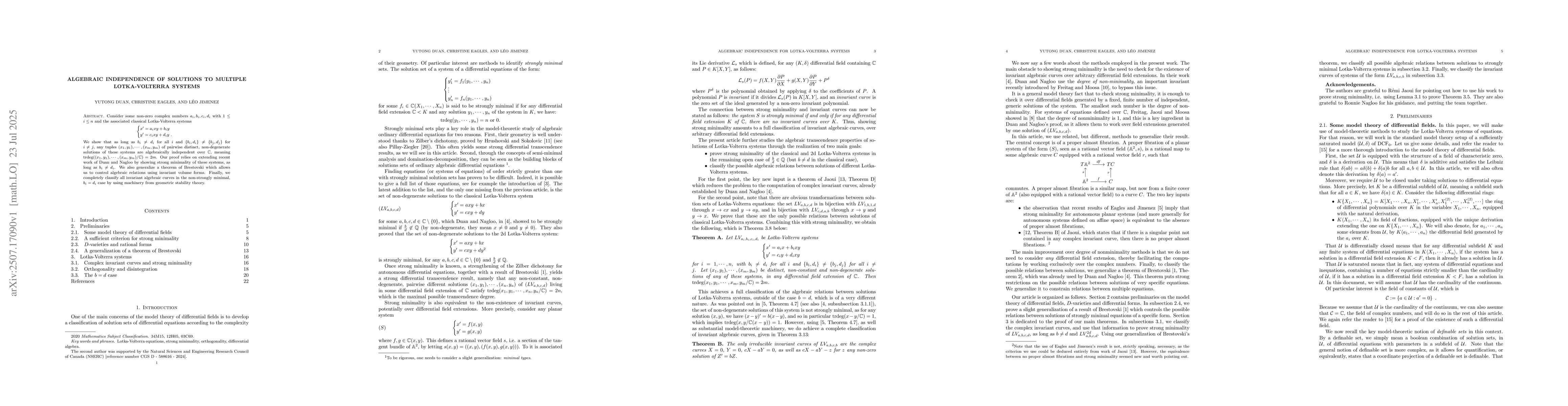 Thumbnail for Algebraic independence of solutions to multiple Lotka-Volterra systems