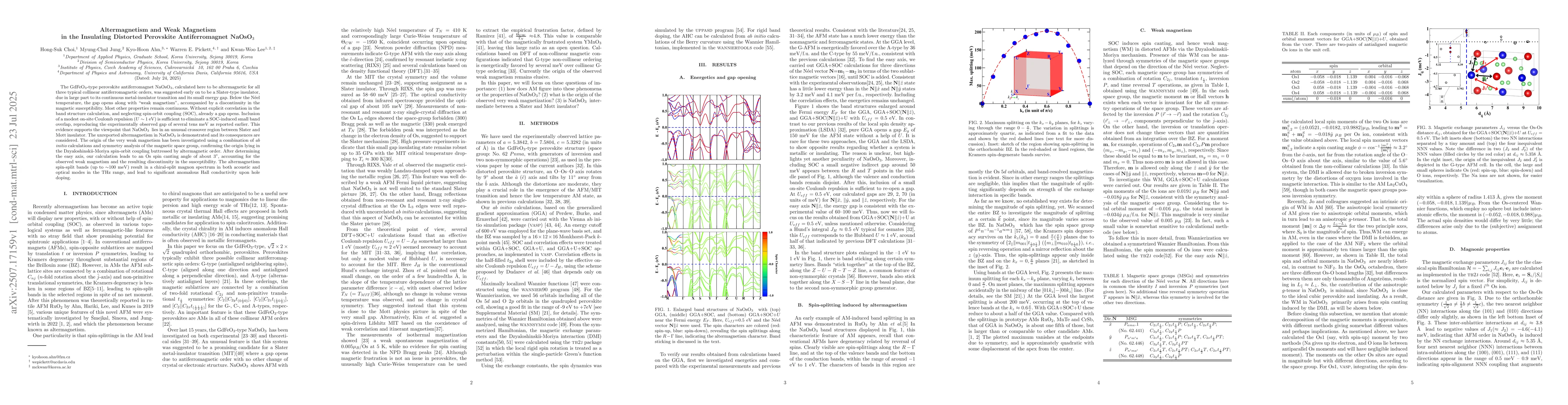 Thumbnail for Altermagnetism and Weak Magnetism in the Insulating Distorted Perovskite
  Antiferromagnet NaOsO$_3$