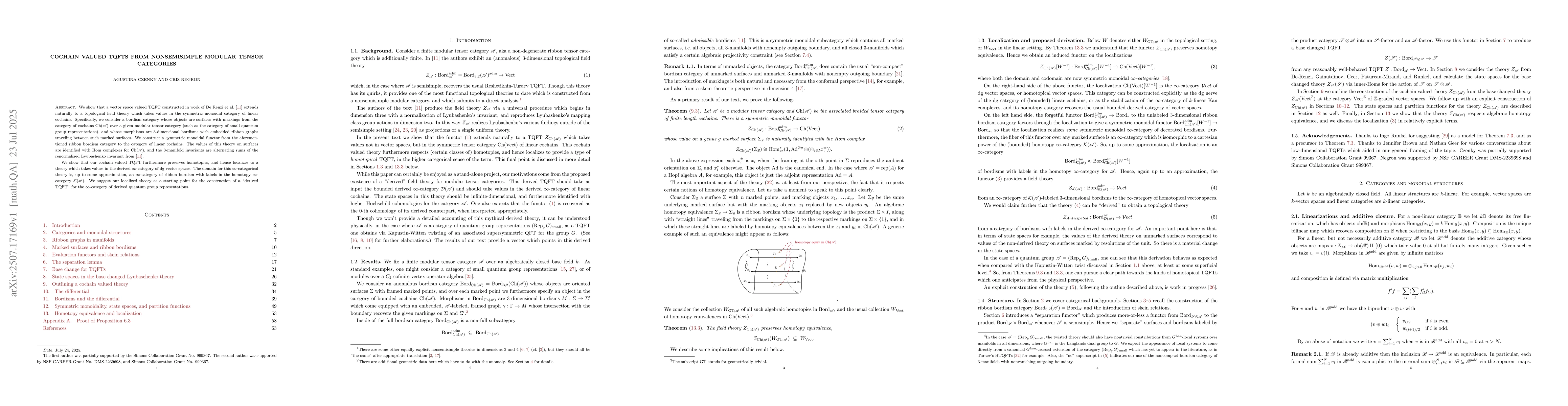 Thumbnail for Cochain valued TQFTs from nonsemisimple modular tensor categories