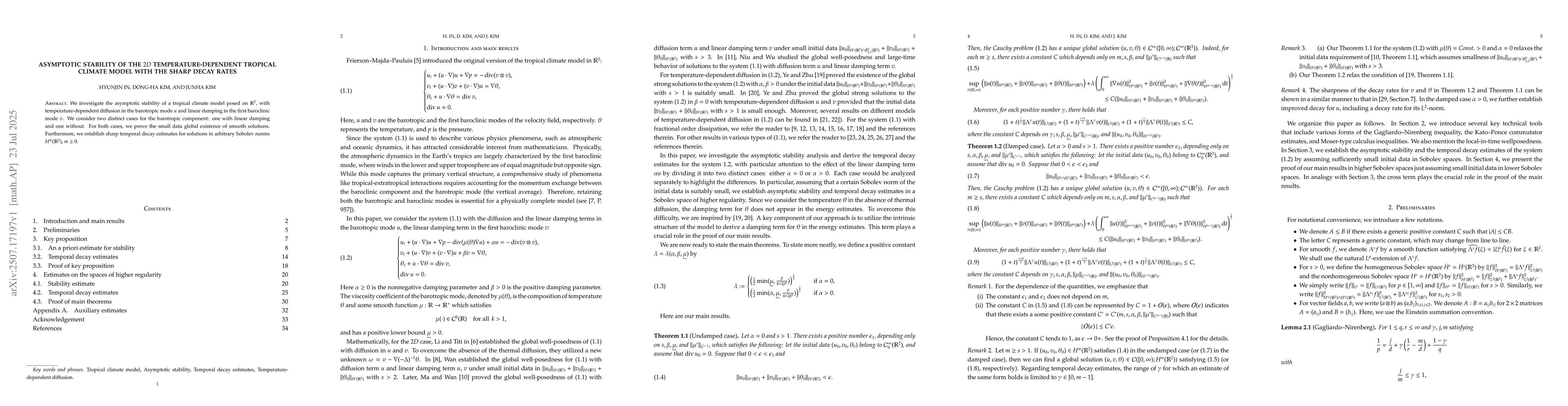 Thumbnail for Asymptotic stability of the $2D$ temperature-dependent tropical climate
  model with the sharp decay rates