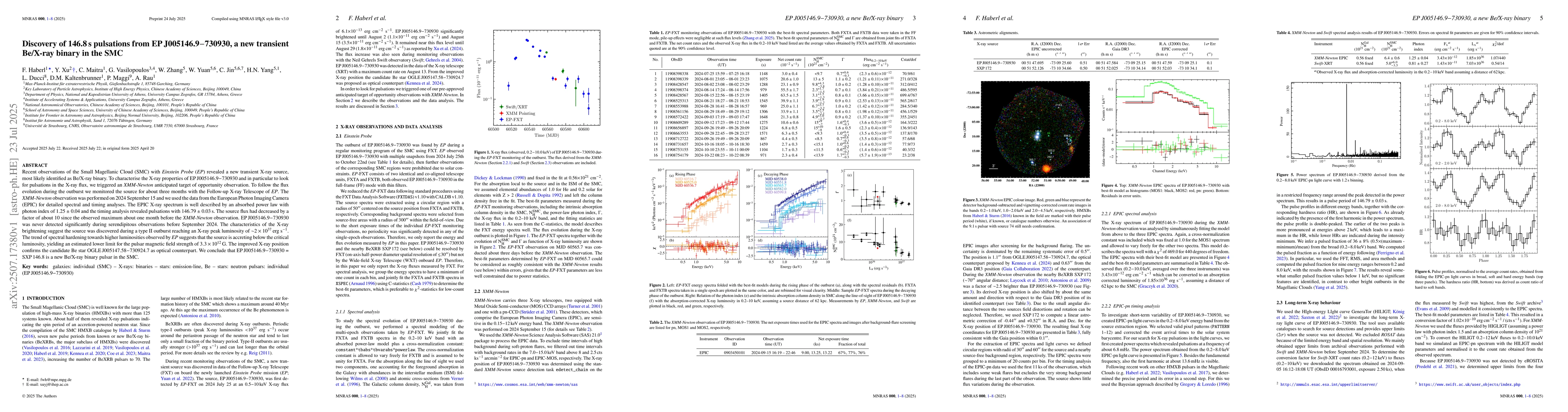 Thumbnail for Discovery of 146.8 s pulsations from EP J005146.9-730930, a new
  transient Be/X-ray binary in the SMC