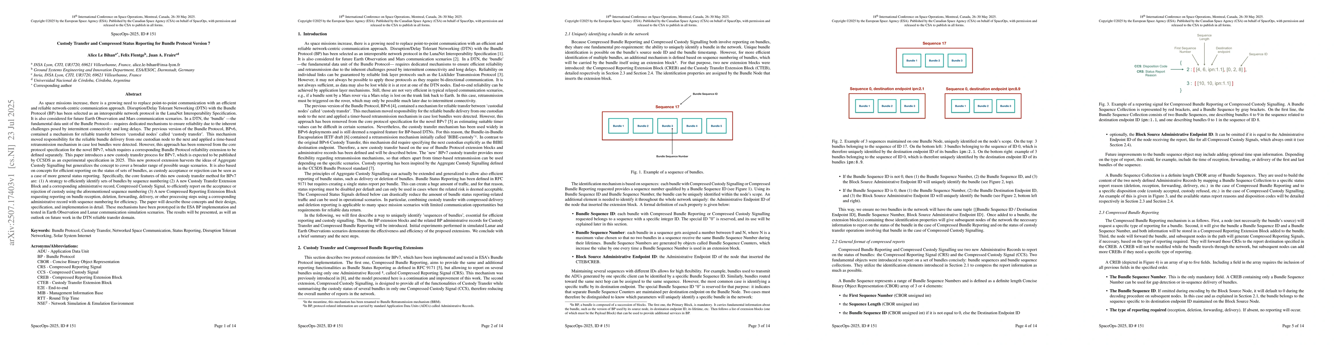 Thumbnail for Custody Transfer and Compressed Status Reporting for Bundle Protocol
  Version 7