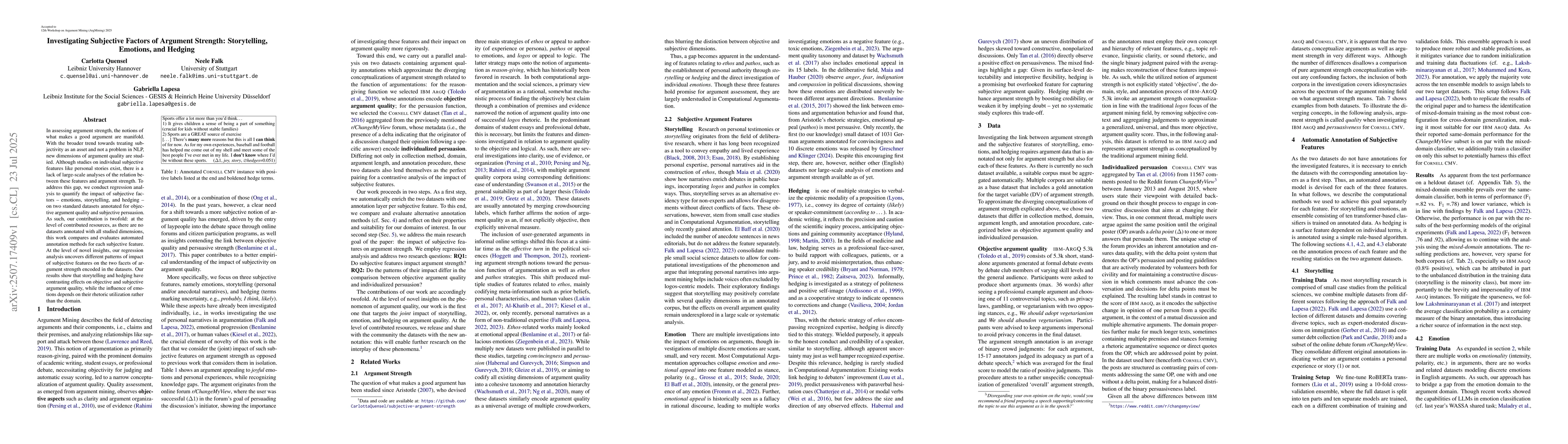 Thumbnail for Investigating Subjective Factors of Argument Strength: Storytelling,
  Emotions, and Hedging