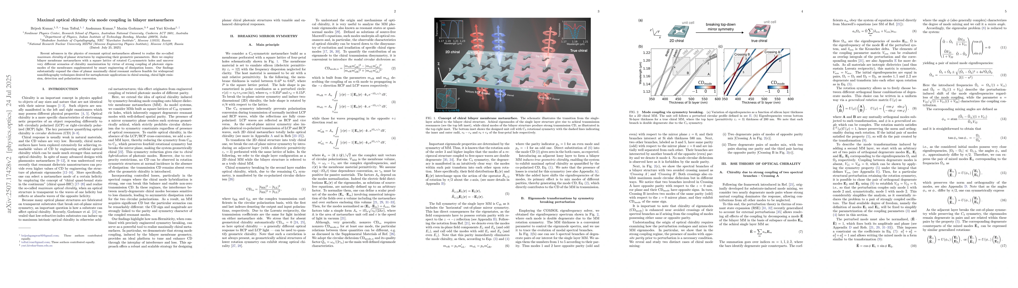 Thumbnail for Maximal optical chirality via mode coupling in bilayer metasurfaces