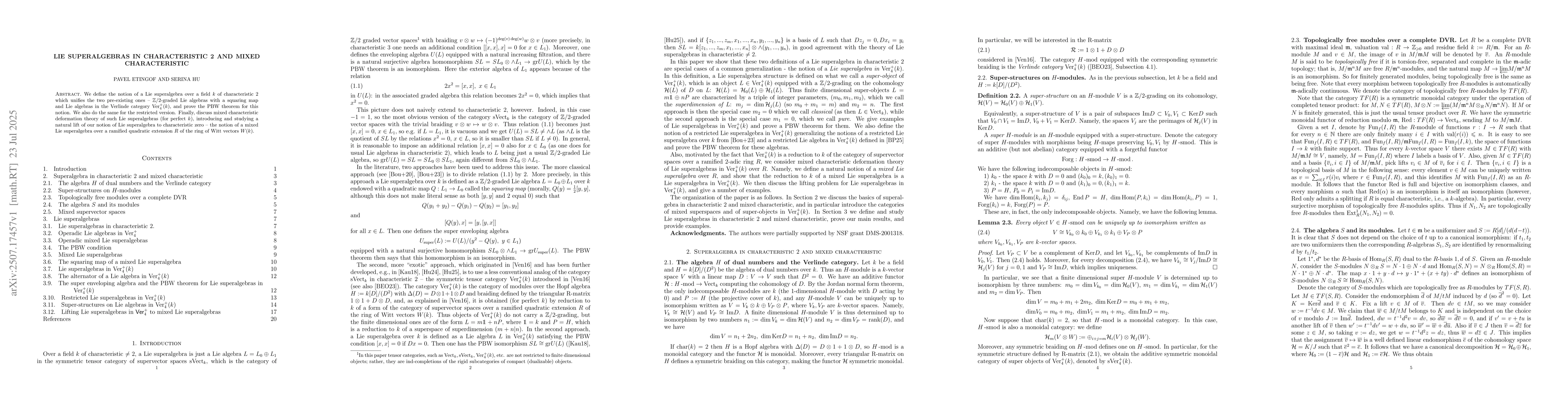 Thumbnail for Lie superalgebras in characteristic 2 and mixed characteristic