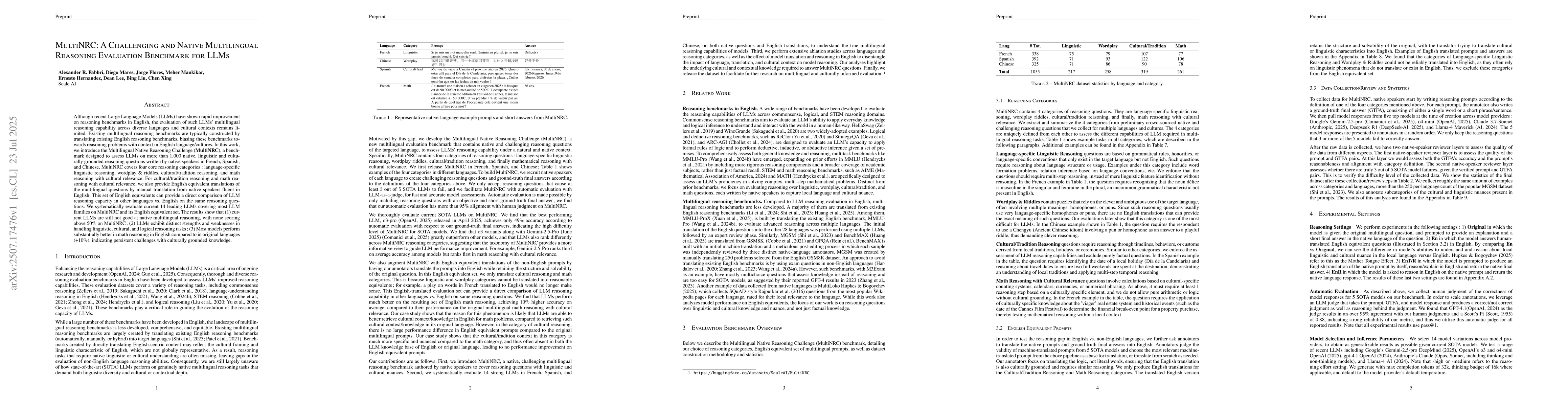 Thumbnail for MultiNRC: A Challenging and Native Multilingual Reasoning Evaluation
  Benchmark for LLMs