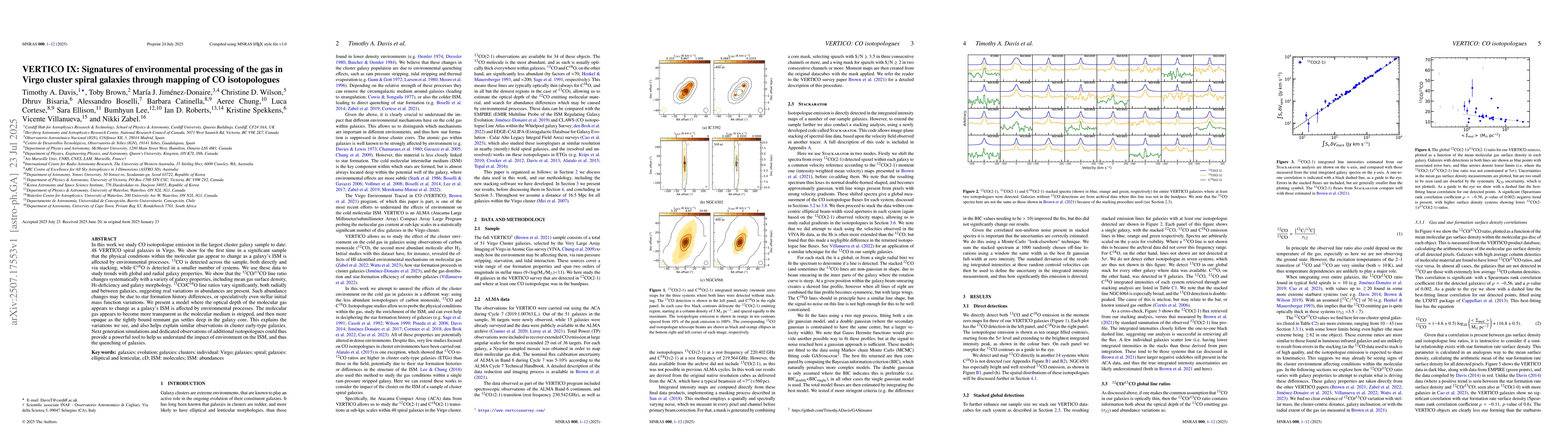 Thumbnail for VERTICO IX: Signatures of environmental processing of the gas in Virgo
  cluster spiral galaxies through mapping of CO isotopologues