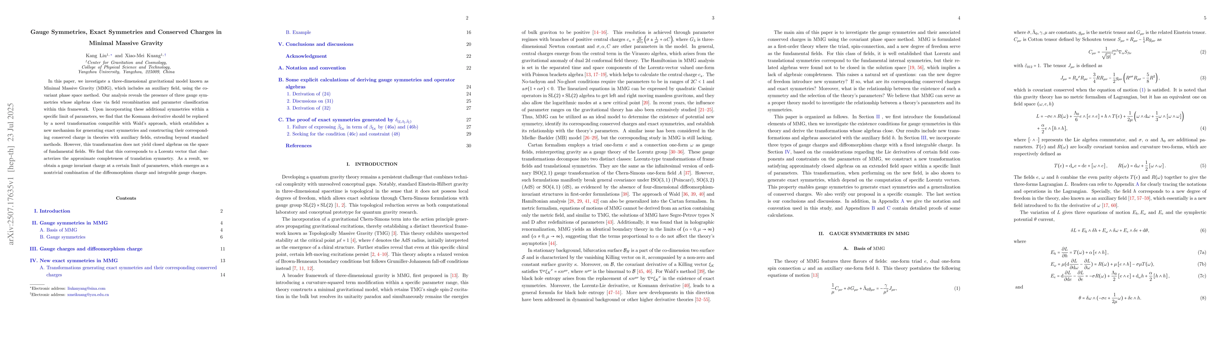 Thumbnail for Gauge Symmetries, Exact Symmetries and Conserved Charges in Minimal
  Massive Gravity