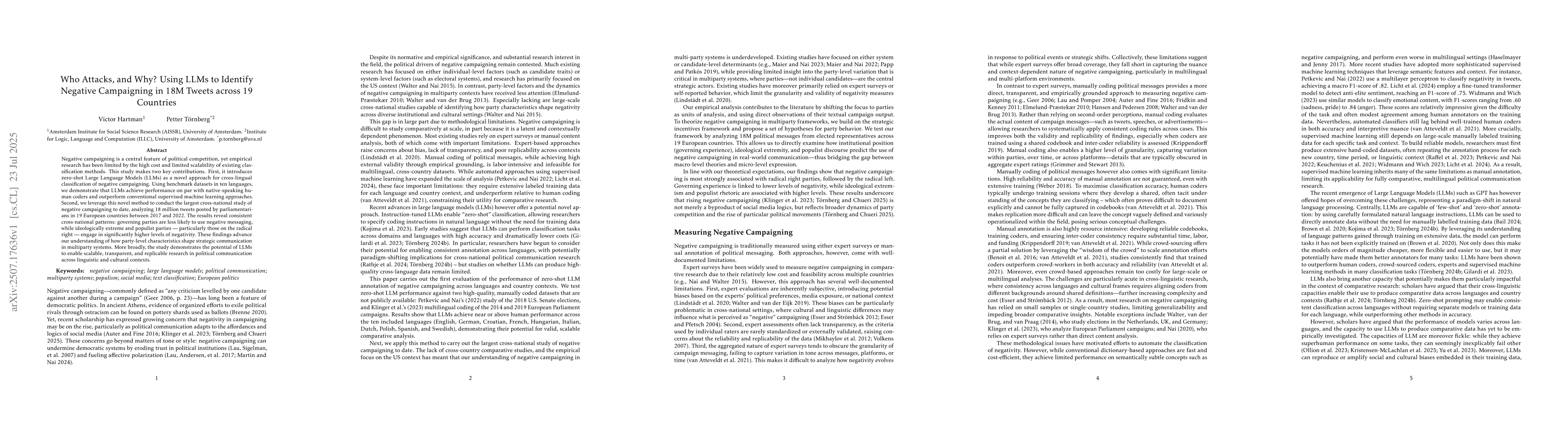 Thumbnail for Who Attacks, and Why? Using LLMs to Identify Negative Campaigning in 18M
  Tweets across 19 Countries