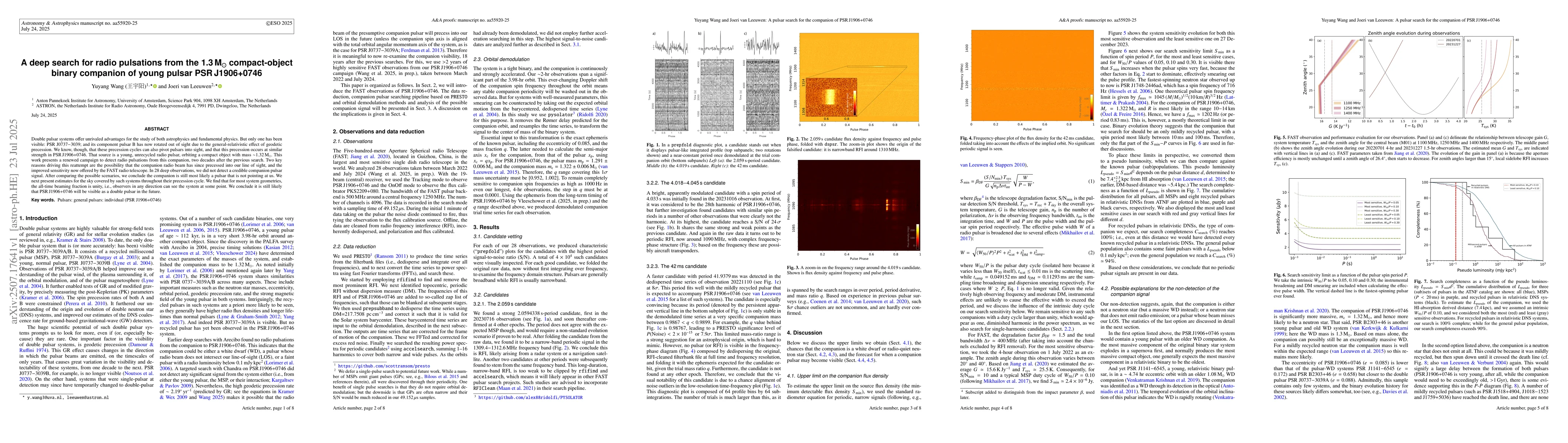 Thumbnail for A deep search for radio pulsations from the 1.3 M$_{\odot}$
  compact-object binary companion of young pulsar PSR J1906+0746