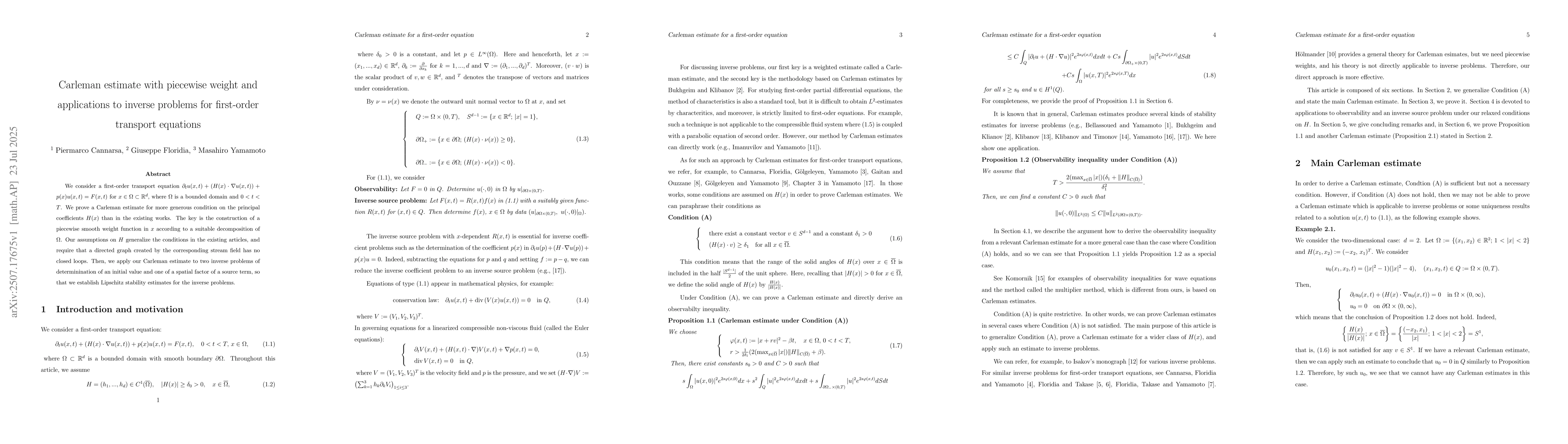 Thumbnail for Carleman estimate with piecewise weight and applications to inverse
  problems for first-order transport equations