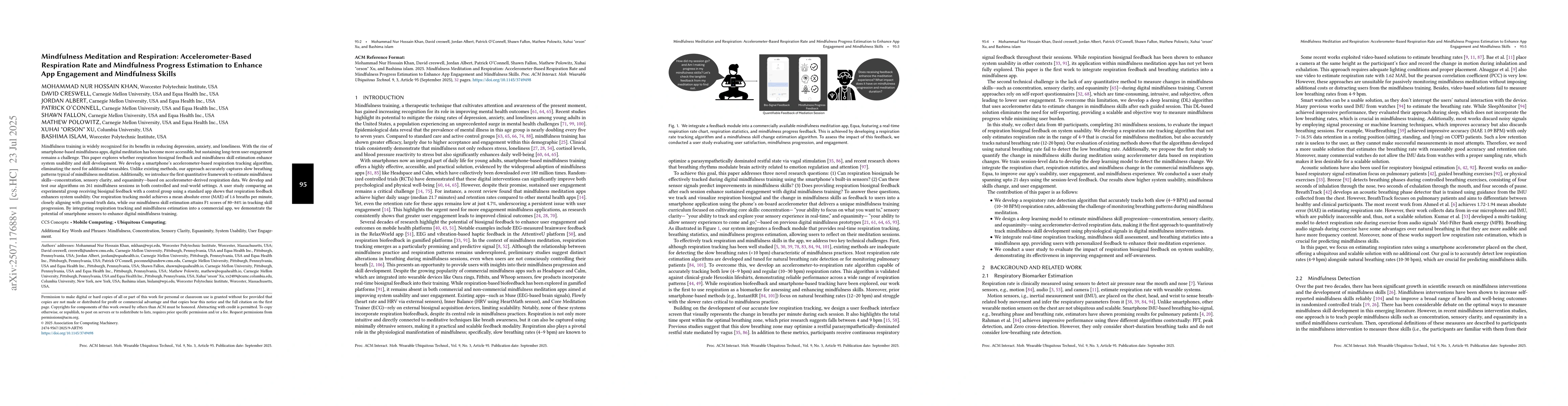 Thumbnail for Mindfulness Meditation and Respiration: Accelerometer-Based Respiration
  Rate and Mindfulness Progress Estimation to Enhance App Engagement and
  Mindfulness Skills