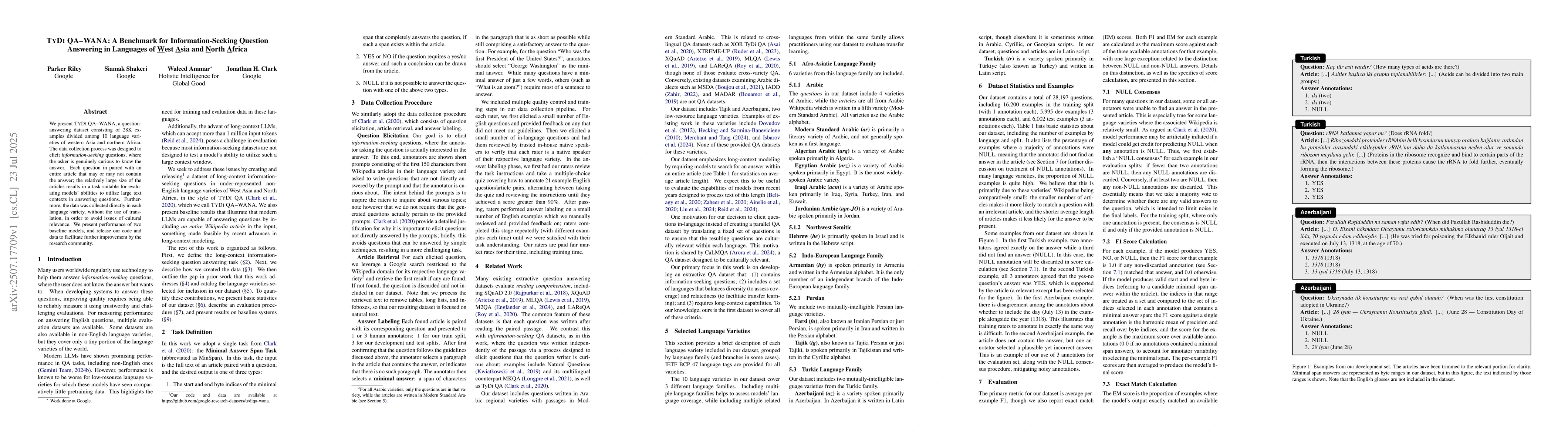 Thumbnail for TyDi QA-WANA: A Benchmark for Information-Seeking Question Answering in
  Languages of West Asia and North Africa