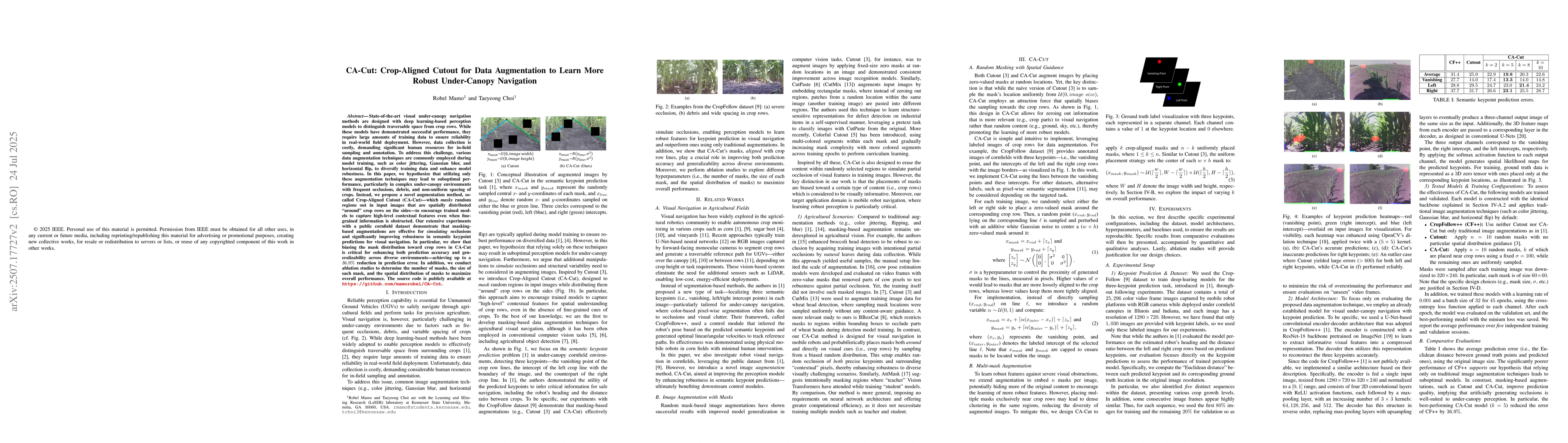 Thumbnail for CA-Cut: Crop-Aligned Cutout for Data Augmentation to Learn More Robust
  Under-Canopy Navigation