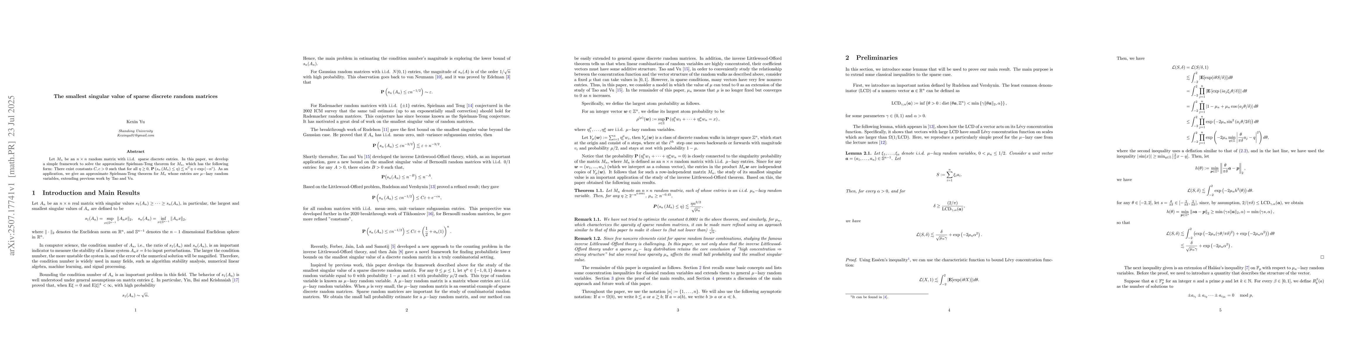 Thumbnail for The smallest singular value of sparse discrete random matrices