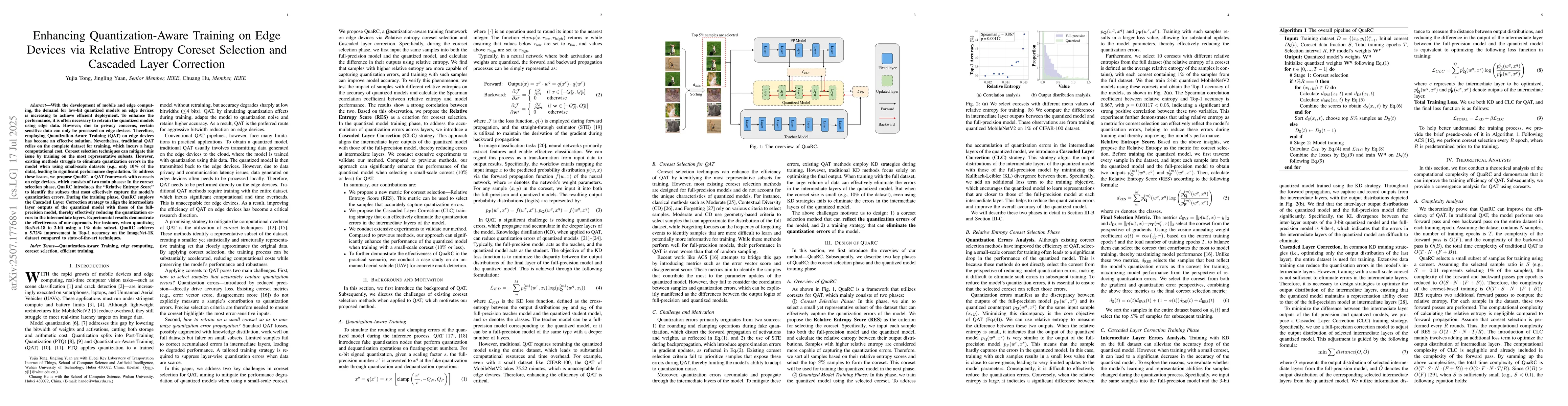 Thumbnail for Enhancing Quantization-Aware Training on Edge Devices via Relative
  Entropy Coreset Selection and Cascaded Layer Correction