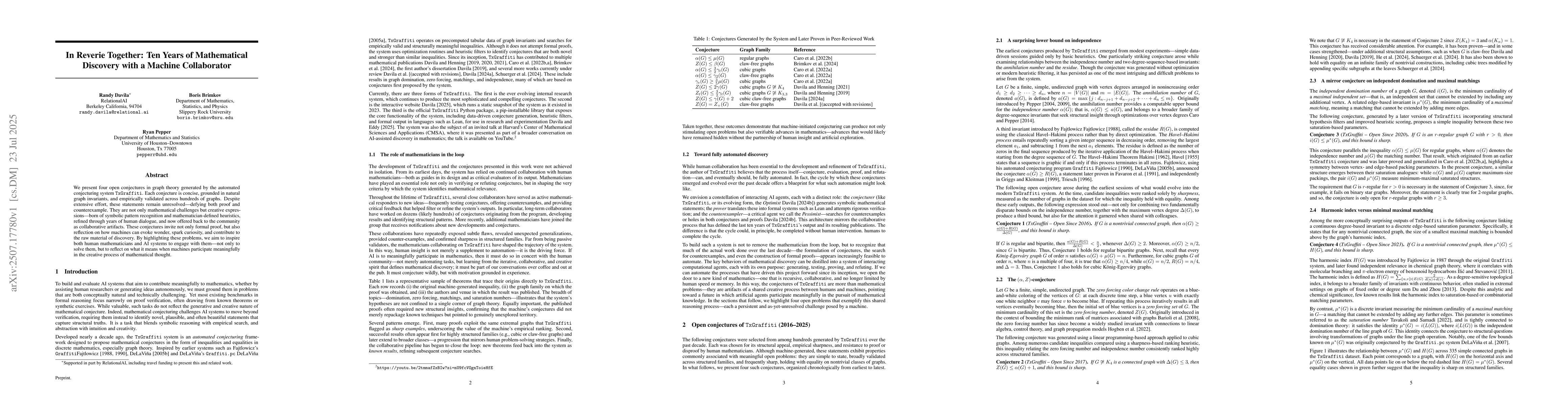 Thumbnail for In Reverie Together: Ten Years of Mathematical Discovery with a Machine
  Collaborator