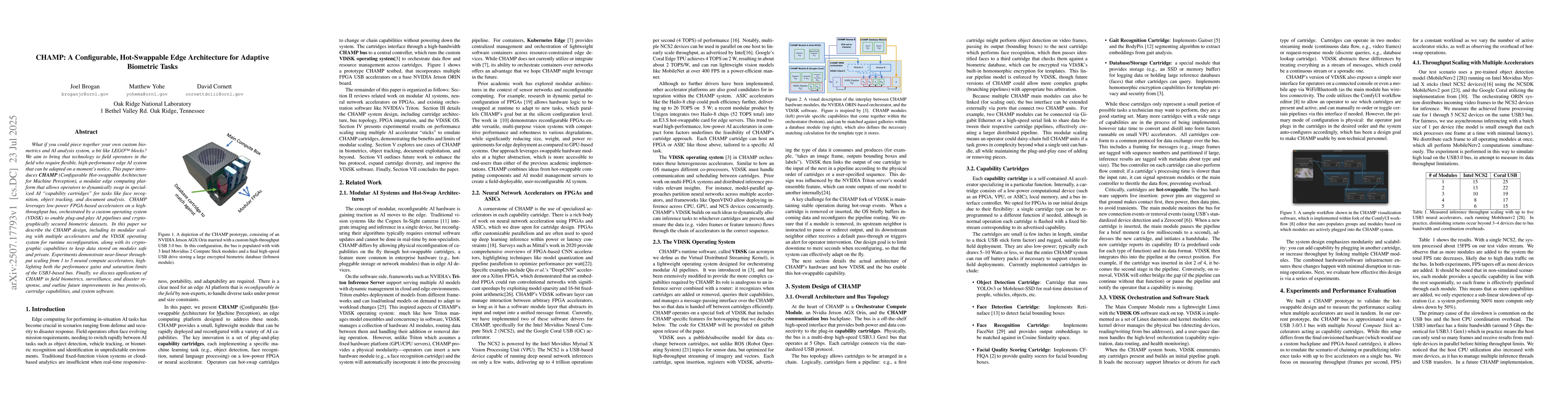 Thumbnail for CHAMP: A Configurable, Hot-Swappable Edge Architecture for Adaptive
  Biometric Tasks