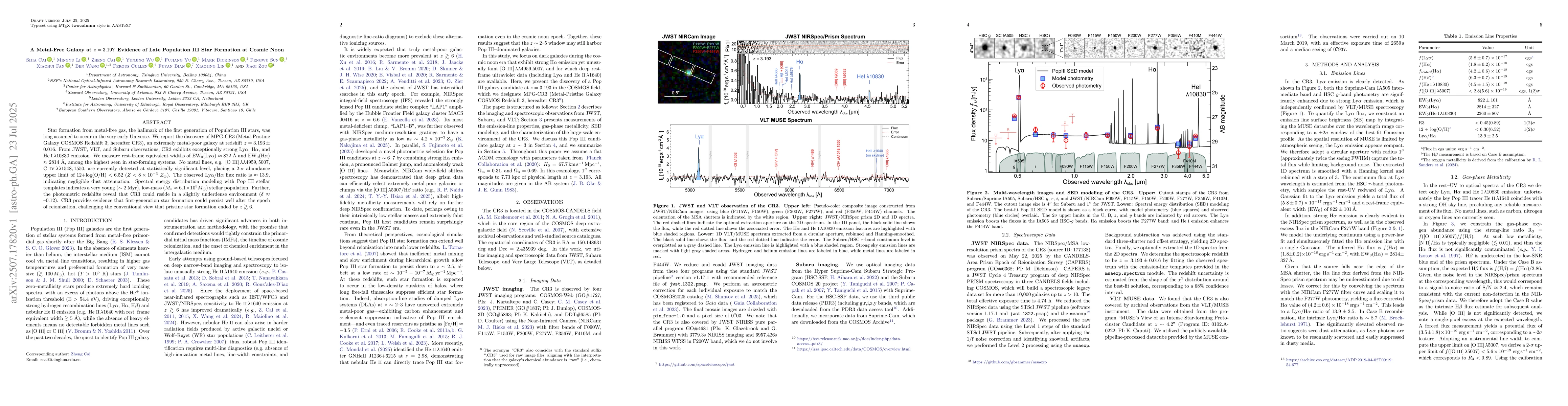 Thumbnail for A Metal-Free Galaxy at $z = 3.19$? Evidence of Late Population III Star
  Formation at Cosmic Noon