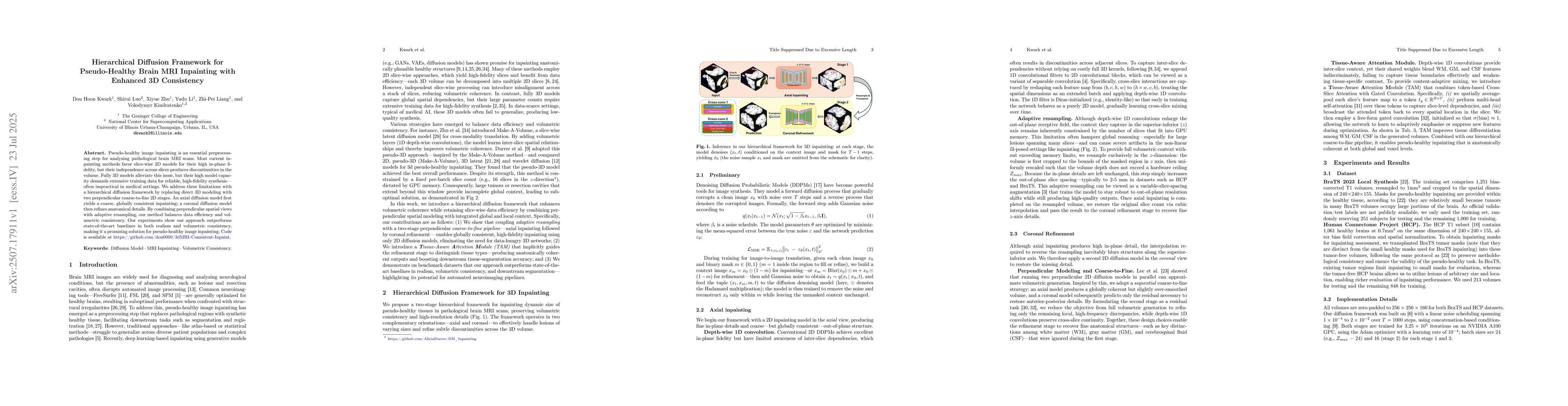 Thumbnail for Hierarchical Diffusion Framework for Pseudo-Healthy Brain MRI Inpainting
  with Enhanced 3D Consistency