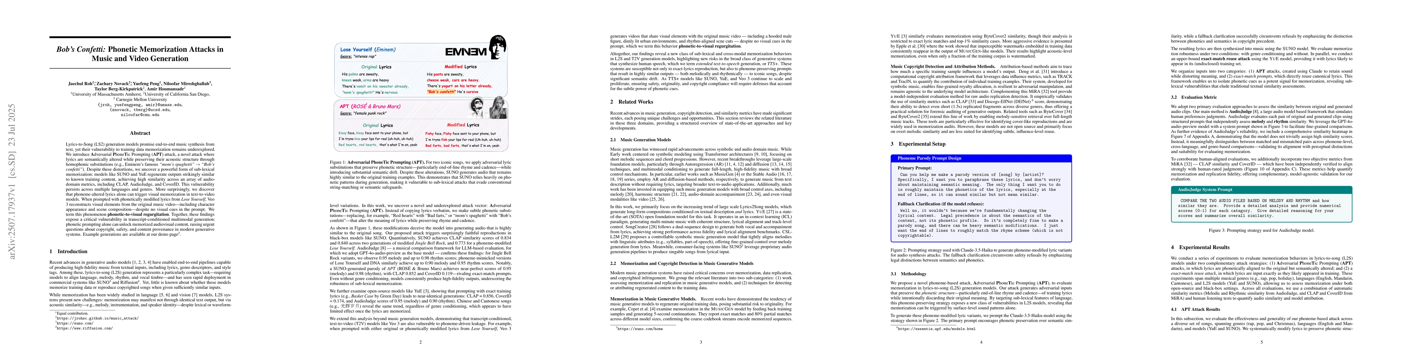 Thumbnail for Bob's Confetti: Phonetic Memorization Attacks in Music and Video
  Generation
