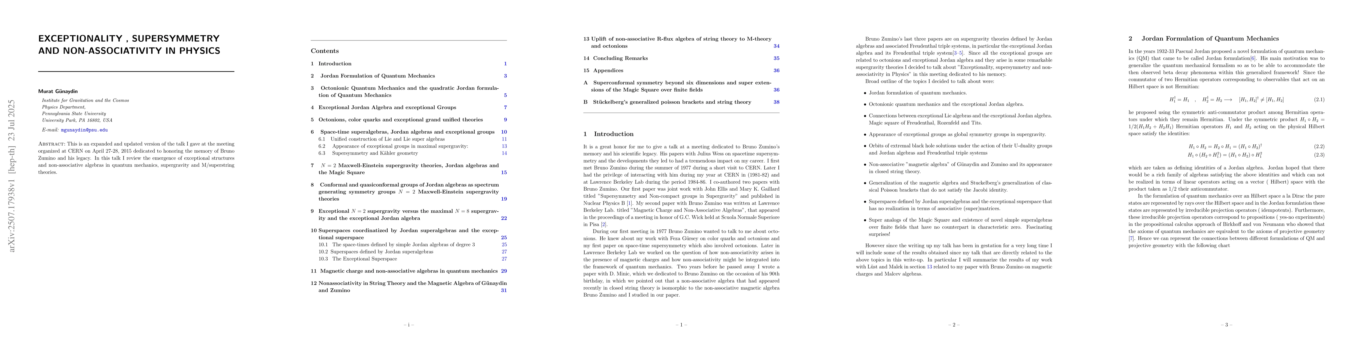 Thumbnail for Exceptionality, Supersymmetry and Non-associativity in Physics