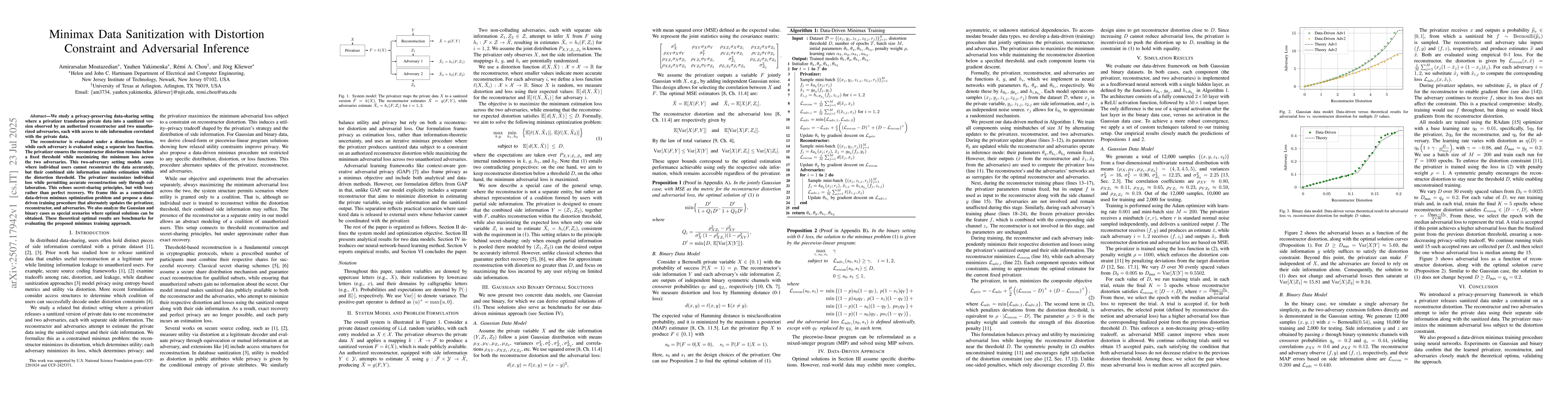 Thumbnail for Minimax Data Sanitization with Distortion Constraint and Adversarial
  Inference