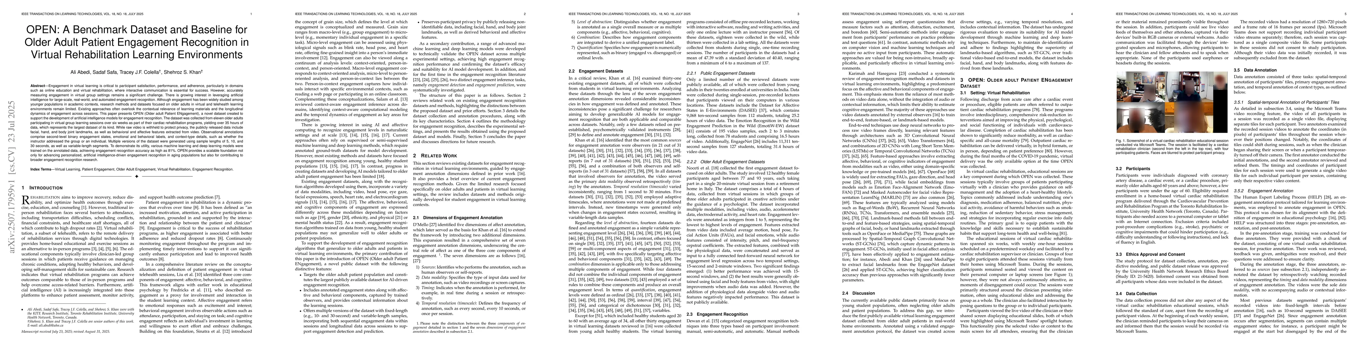 Thumbnail for OPEN: A Benchmark Dataset and Baseline for Older Adult Patient
  Engagement Recognition in Virtual Rehabilitation Learning Environments