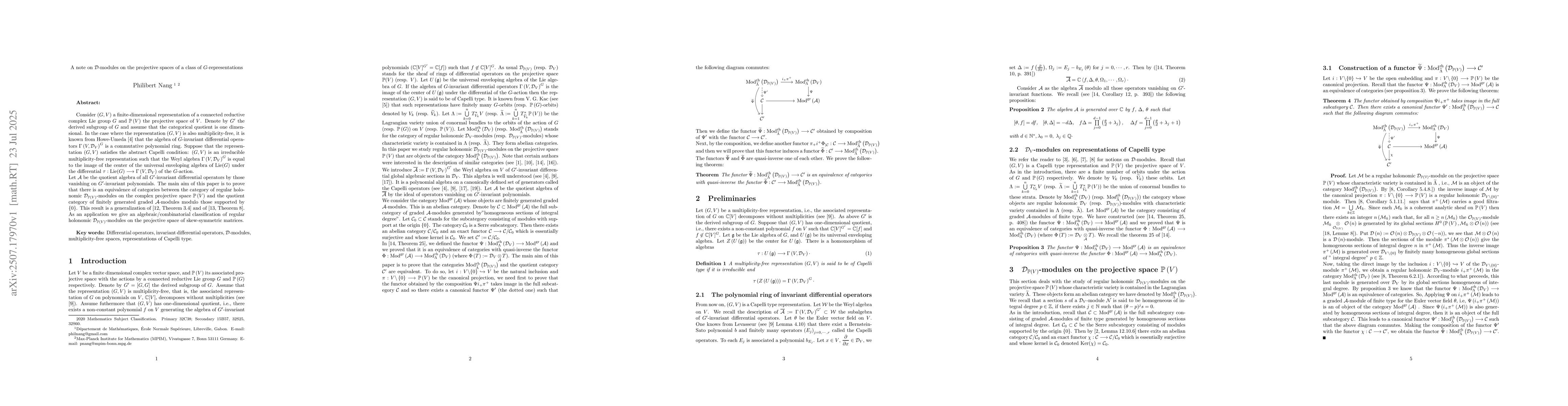 Thumbnail for A note on D-modules on the projective spaces of a class of
  G-representations