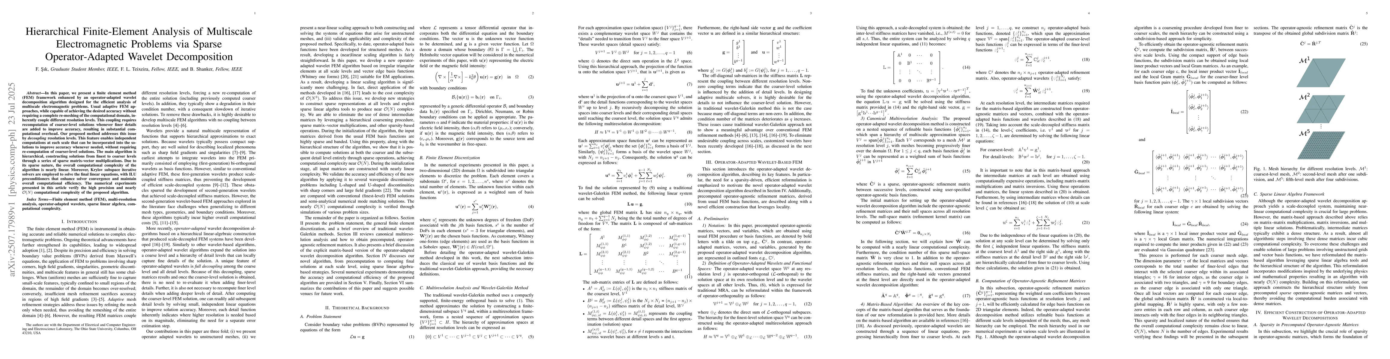 Thumbnail for Hierarchical Finite-Element Analysis of Multiscale Electromagnetic
  Problems via Sparse Operator-Adapted Wavelet Decomposition