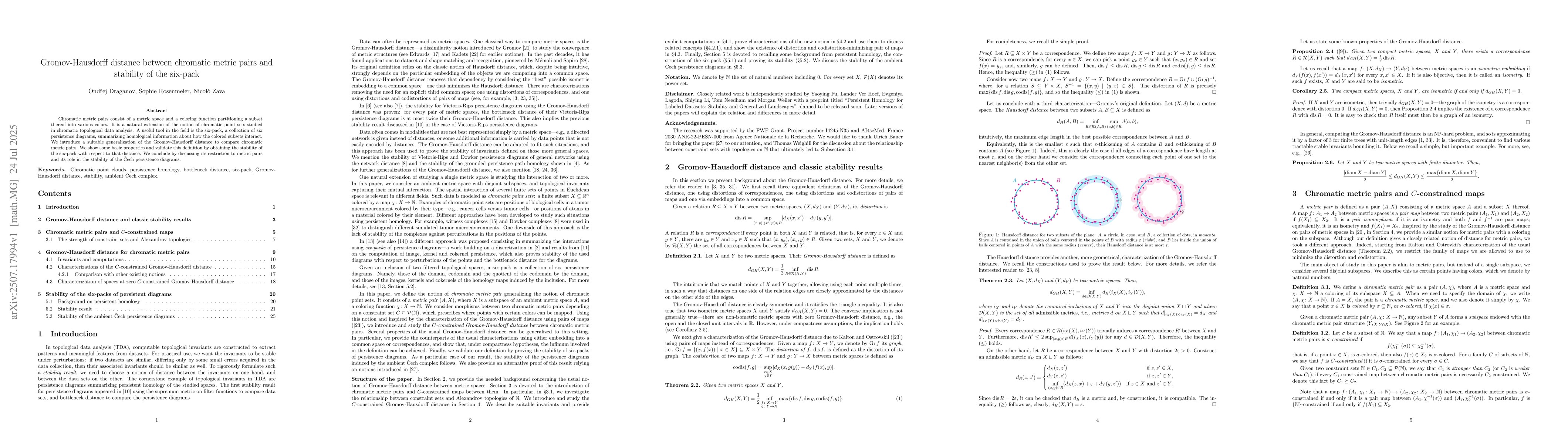 Thumbnail for Gromov-Hausdorff distance between chromatic metric pairs and stability
  of the six-pack
