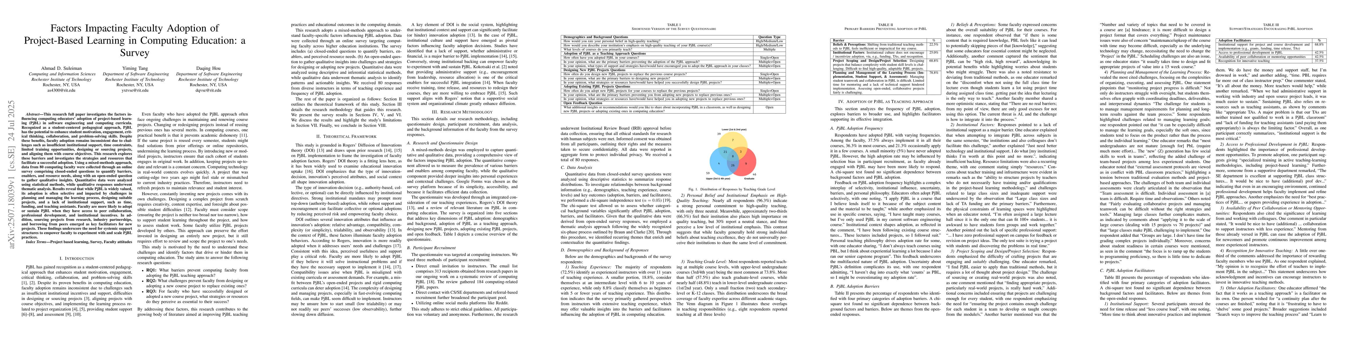 Thumbnail for Factors Impacting Faculty Adoption of Project-Based Learning in
  Computing Education: a Survey