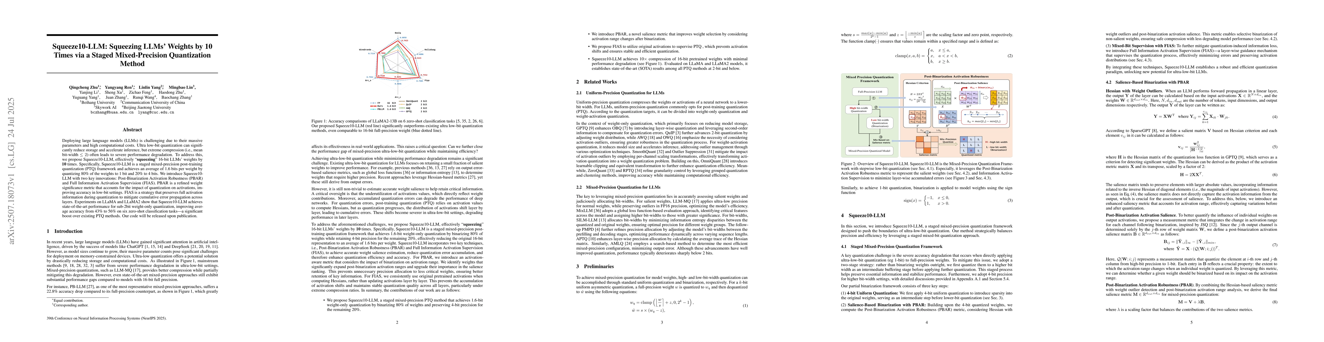 Thumbnail for Squeeze10-LLM: Squeezing LLMs' Weights by 10 Times via a Staged
  Mixed-Precision Quantization Method