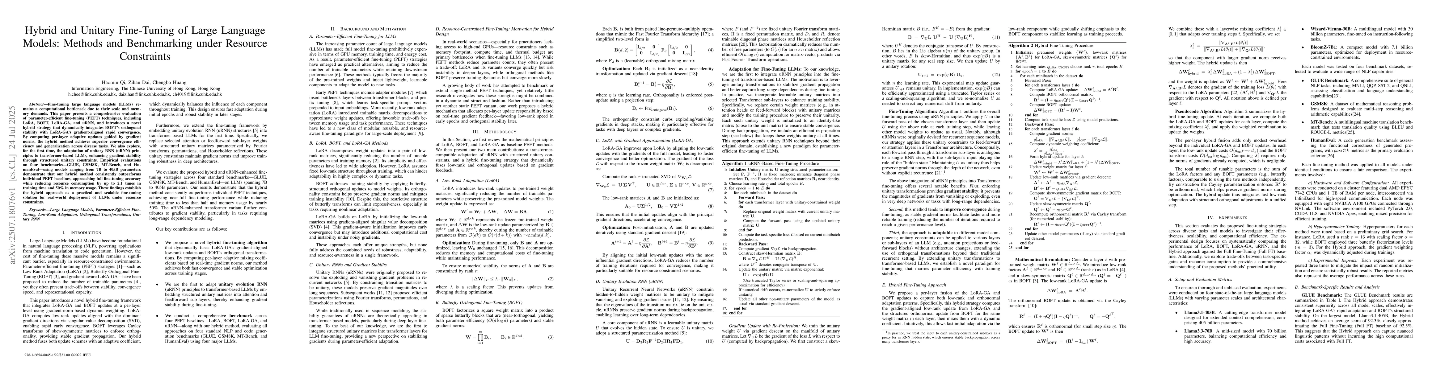 Thumbnail for Hybrid and Unitary Fine-Tuning of Large Language Models: Methods and
  Benchmarking under Resource Constraints