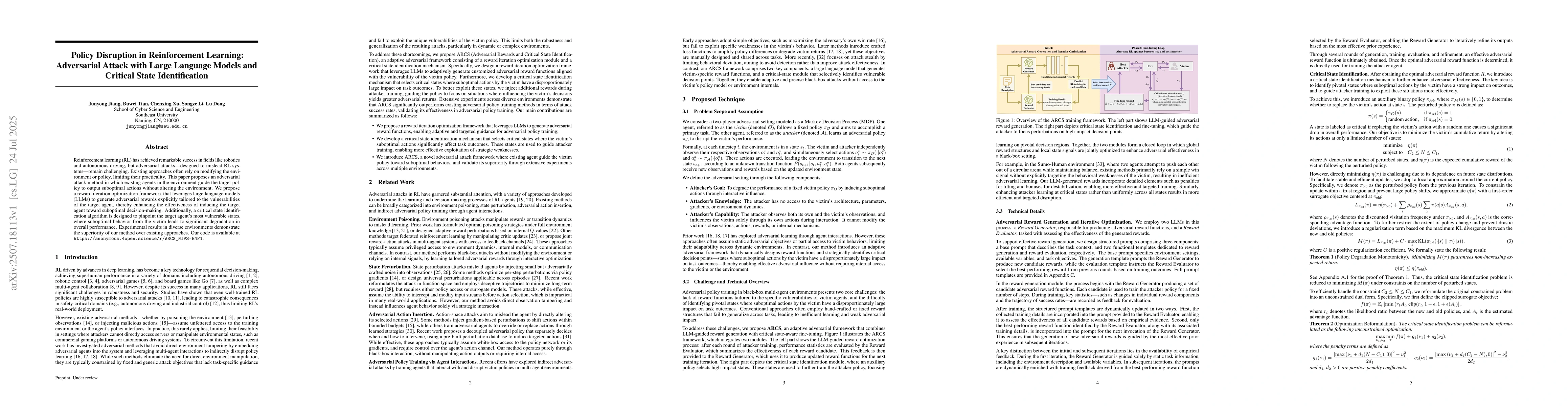Thumbnail for Policy Disruption in Reinforcement Learning:Adversarial Attack with
  Large Language Models and Critical State Identification