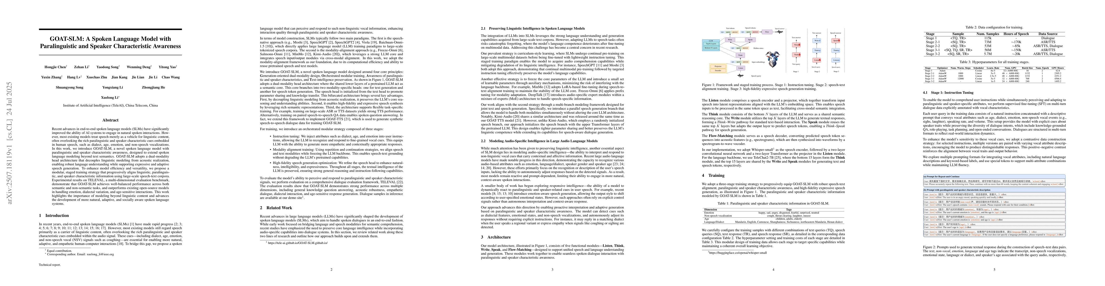 Thumbnail for GOAT-SLM: A Spoken Language Model with Paralinguistic and Speaker
  Characteristic Awareness