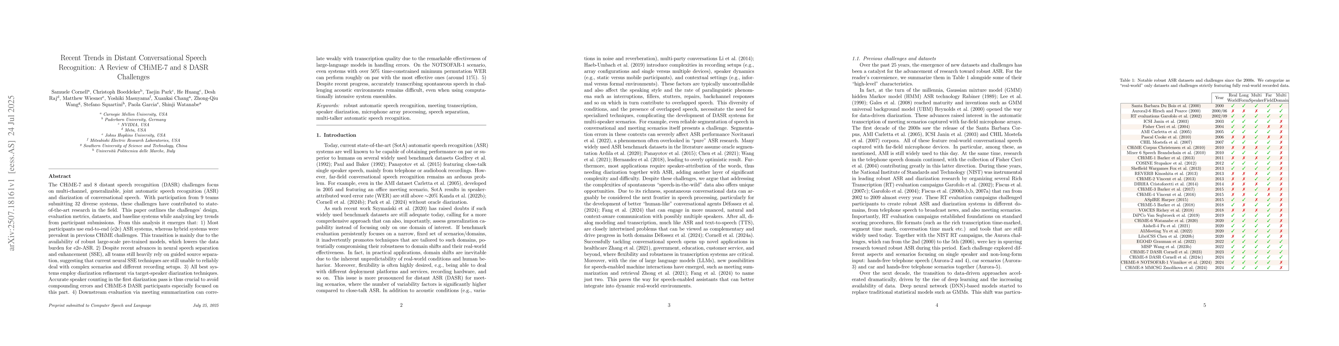 Thumbnail for Recent Trends in Distant Conversational Speech Recognition: A Review of
  CHiME-7 and 8 DASR Challenges